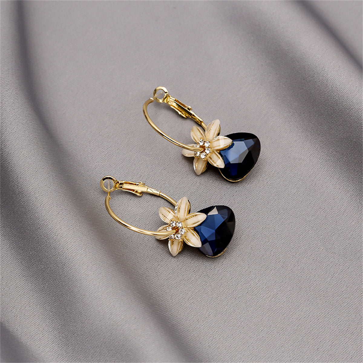 Navy Crystal & Cubic Zirconia Floral Triangle Drop Earrings