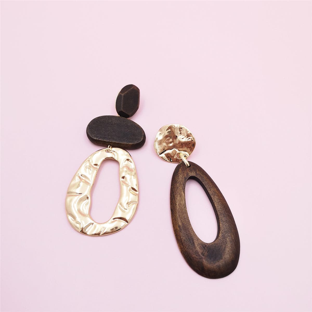 Wood and 18K Gold-Plated Geometric Mismatched Drop Earrings, gold drop earrings for women, botanical inspired, side view