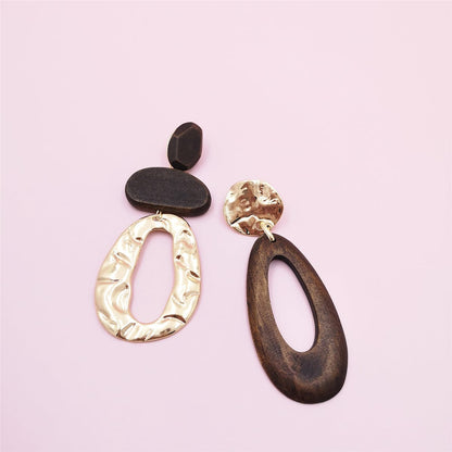 Wood and 18K Gold-Plated Geometric Mismatched Drop Earrings, gold drop earrings for women, botanical inspired, side view