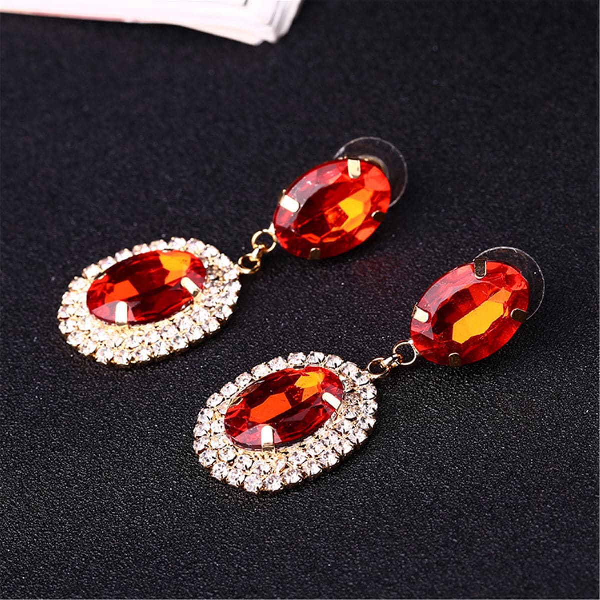 Red Crystal & Cubic Zirconia Oval Tiered Drop Earrings