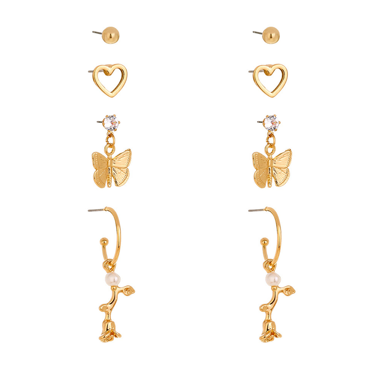 Cubic Zirconia and 18K Gold-Plated Butterfly Drop Earrings Set, gold stud earrings for women, lifestyle look