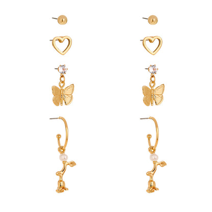 Cubic Zirconia and 18K Gold-Plated Butterfly Drop Earrings Set, gold stud earrings for women, lifestyle look