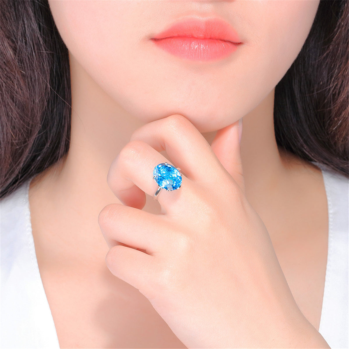 Sea Blue Crystal and Silver-Plated Adjustable Solitaire Ring, silver statement rings for women, styled look