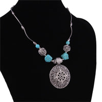 Simulated Turquoise & Silver-Plated Floral Plate Pendant Necklace