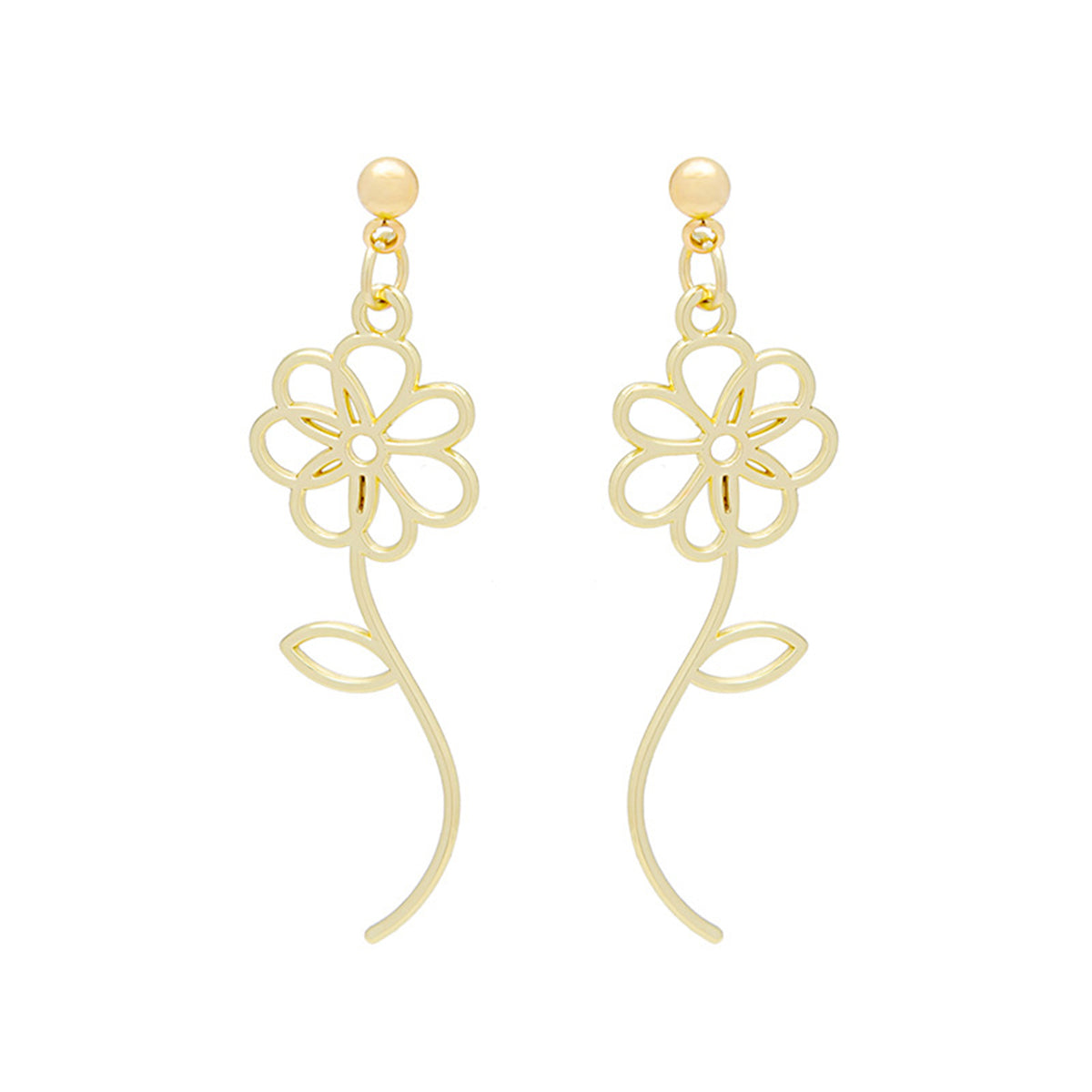 18K Gold-Plated Open Flower Drop Earrings, gold drop earrings for women, botanical inspired, front view