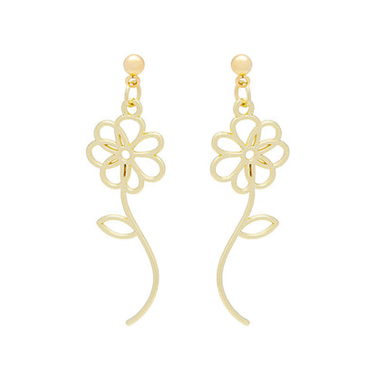 18K Gold-Plated Open Flower Drop Earrings, gold drop earrings for women, botanical inspired, front view