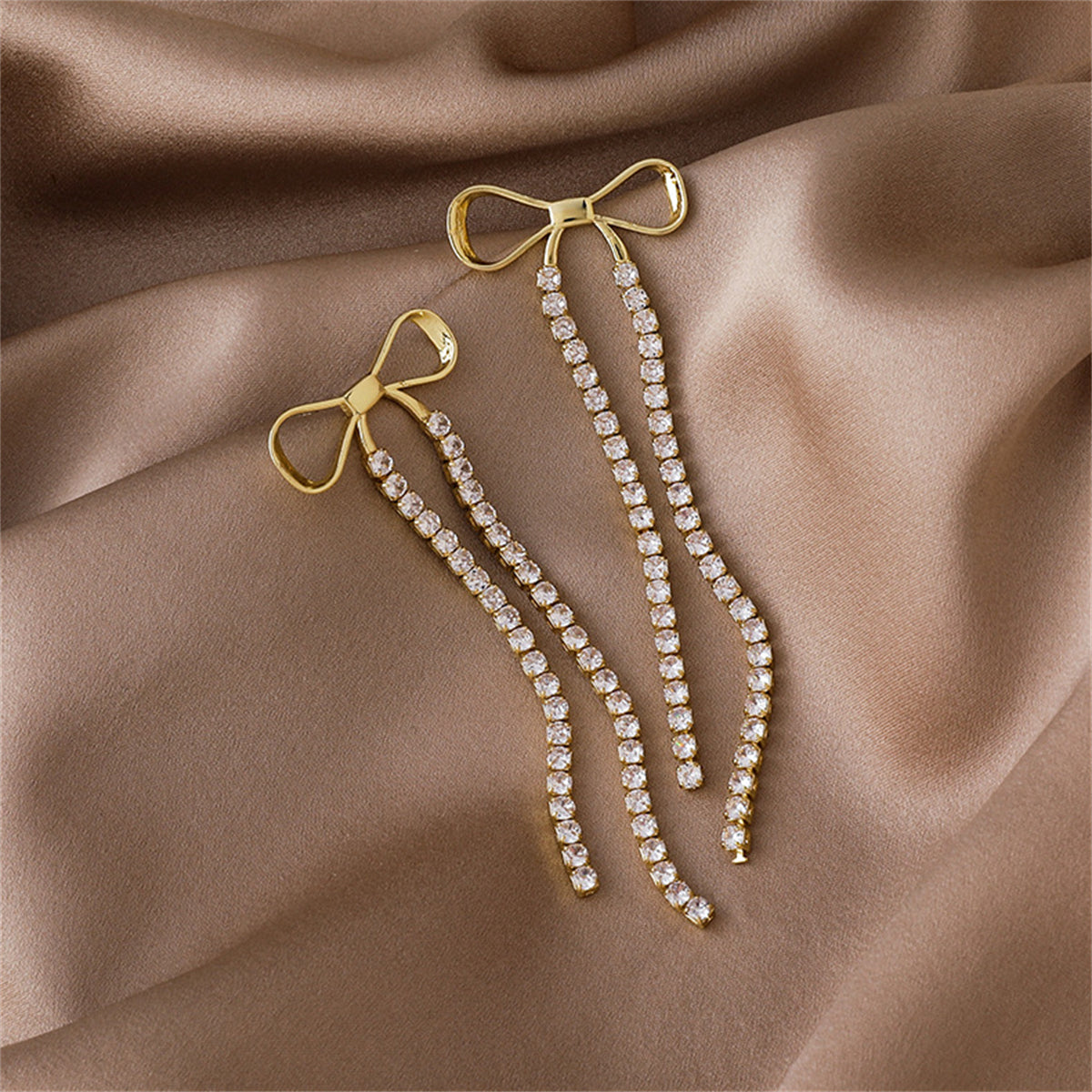 Cubic Zirconia & 18K Gold-Plated Bow Tassel Drop Earrings