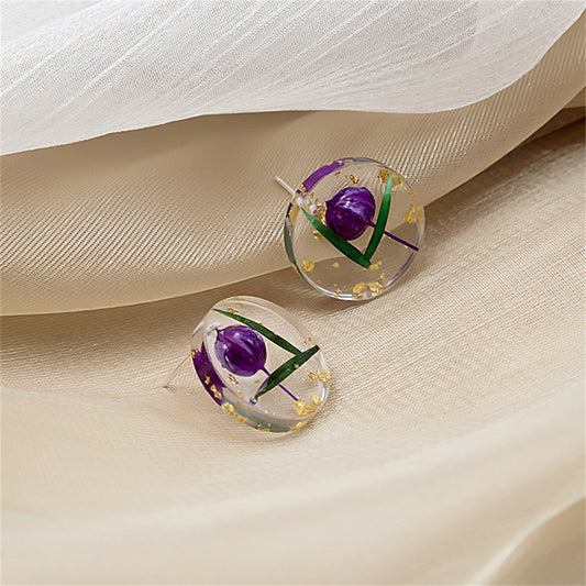 Blue Flower and Resin Silver-Plated Round Stud Earring, silver stud earrings for women, dainty minimalist design, front view