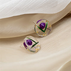 Blue Flower & Resin Silver-Plated Round Stud Earring