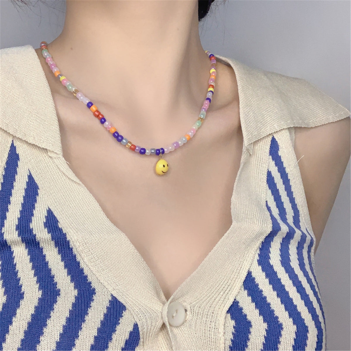 Colored Acrylic Bead and 18K Gold-Plated Smiley Necklace, gold pendant necklace for women, lifestyle look