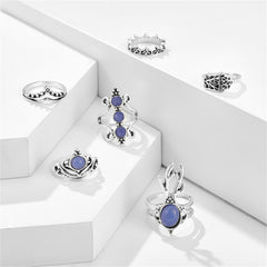 Blue Resin & Cubic Zirconia Silver-Plated Antler Crown Ring Set