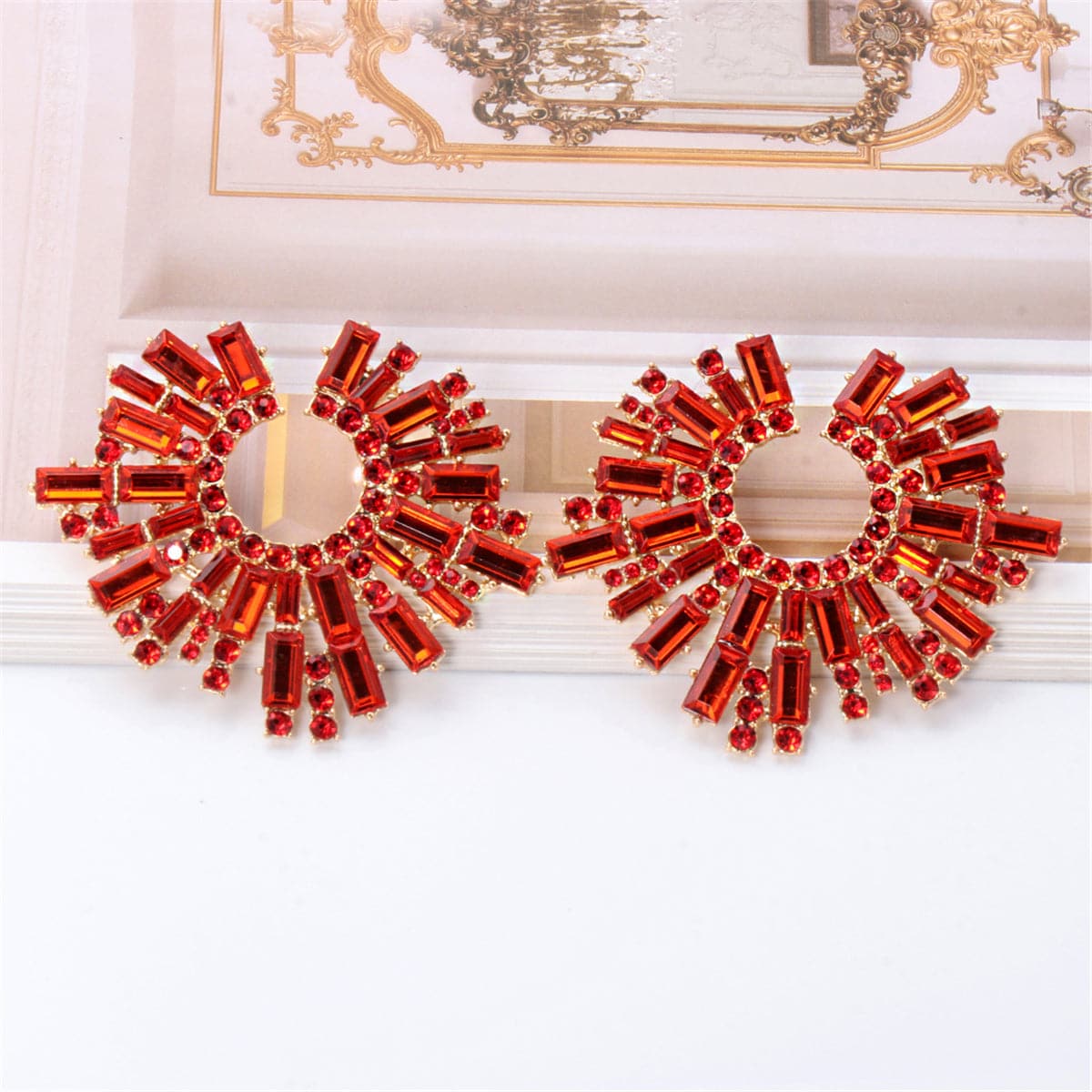 Red Cubic Zirconia and 18K Gold-Plated Abstract Stud Earrings, gold stud earrings for women, everyday style, lifestyle look