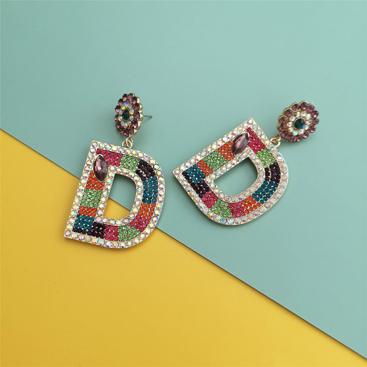 Blue & Pink Crystal & Cubic Zirconia 'D' Drop Earrings