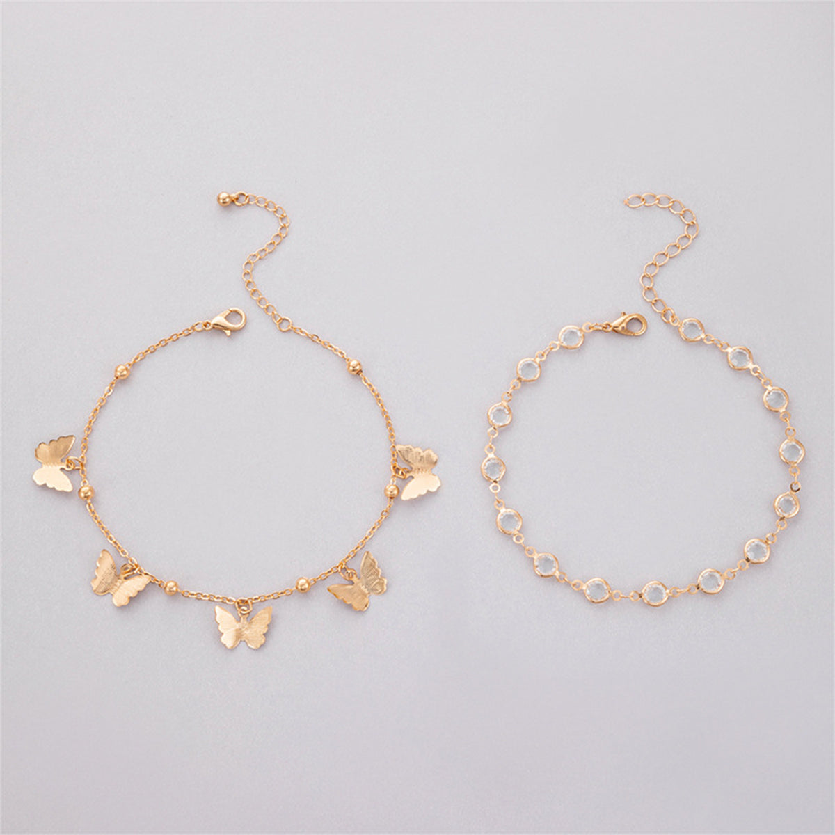 Cubic Zirconia & 18K Gold-Plated Butterfly Tassel Anklet Set