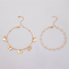 Cubic Zirconia & 18K Gold-Plated Butterfly Tassel Anklet Set