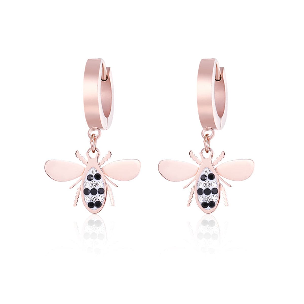 Cubic Zirconia and Rose Gold-Plated Bee Drop Earrings, rose gold huggie earrings, dainty minimalist design, side view