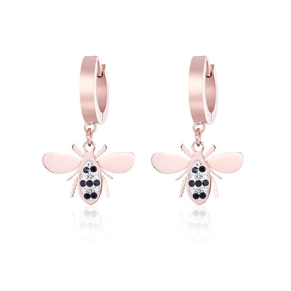Cubic Zirconia and Rose Gold-Plated Bee Drop Earrings, rose gold huggie earrings, dainty minimalist design, side view