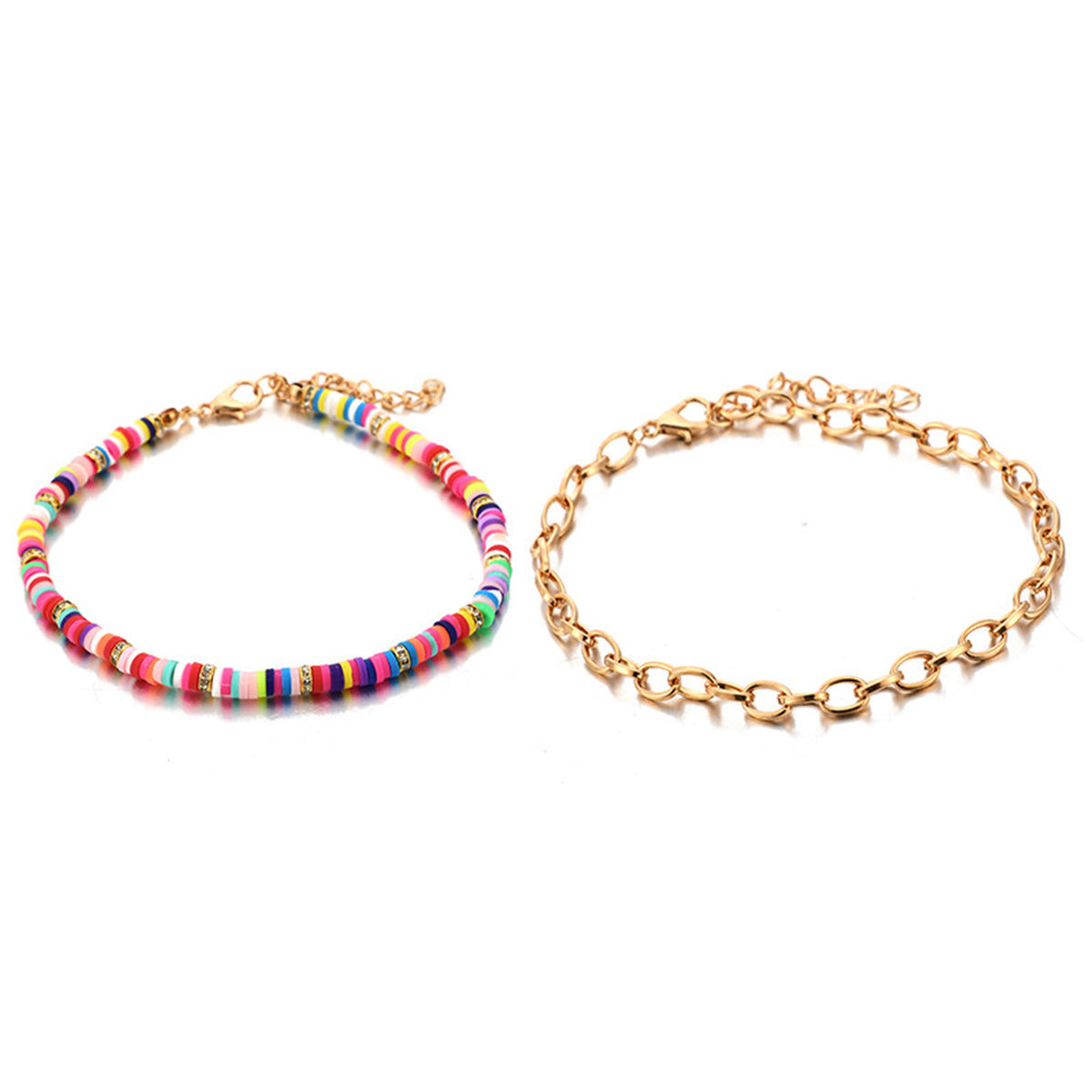 Pastel & 18K Gold-Plated Cable Chain & Beaded Anklet Set