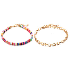 Pastel & 18K Gold-Plated Cable Chain & Beaded Anklet Set