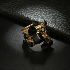 Black Crystal & 18K Gold-Plated Geometric Layered Ring
