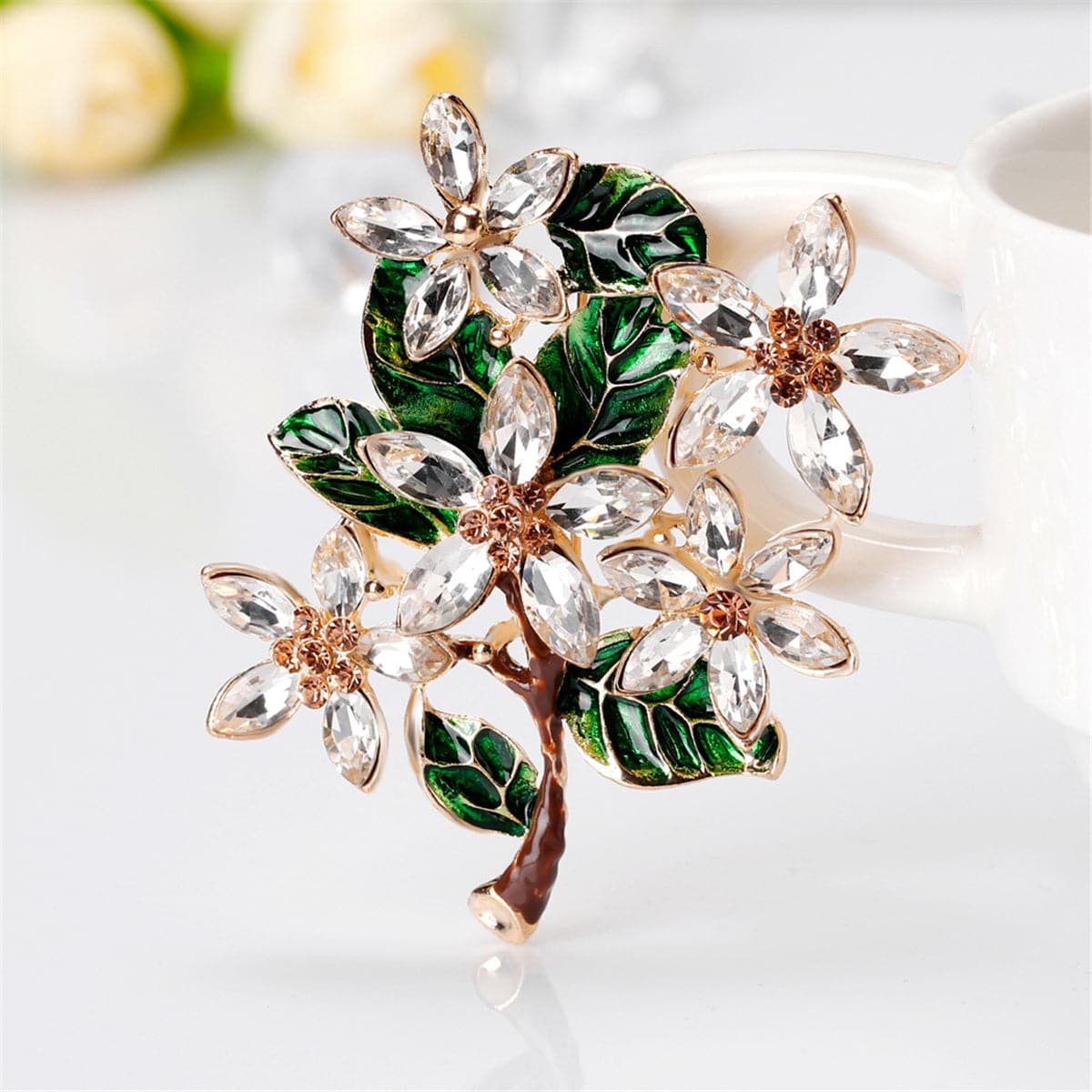 Green Crystal & Cubic Zirconia Leaves Brooch