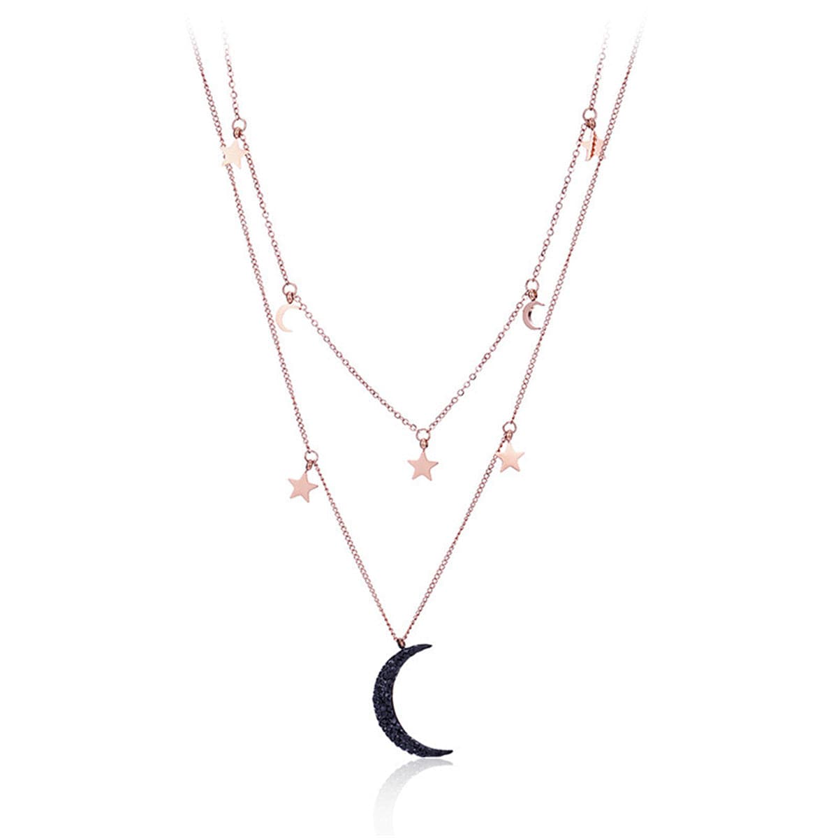 Black Cubic Zirconia & 18K Rose Gold-Plated Moon & Sun Layered Necklace