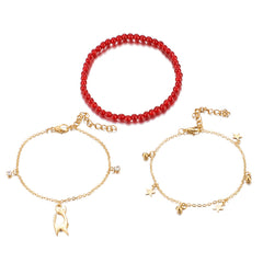 Red & Cubic Zirconia Beaded Cat Charm Anklet Set