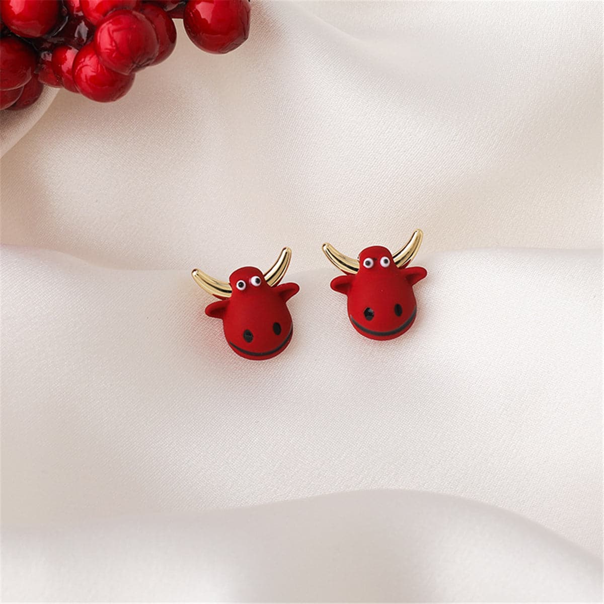 Red Polymer Clay and 18K Gold-Plated Cattle Stud Earrings, gold stud earrings for women, botanical inspired, side view