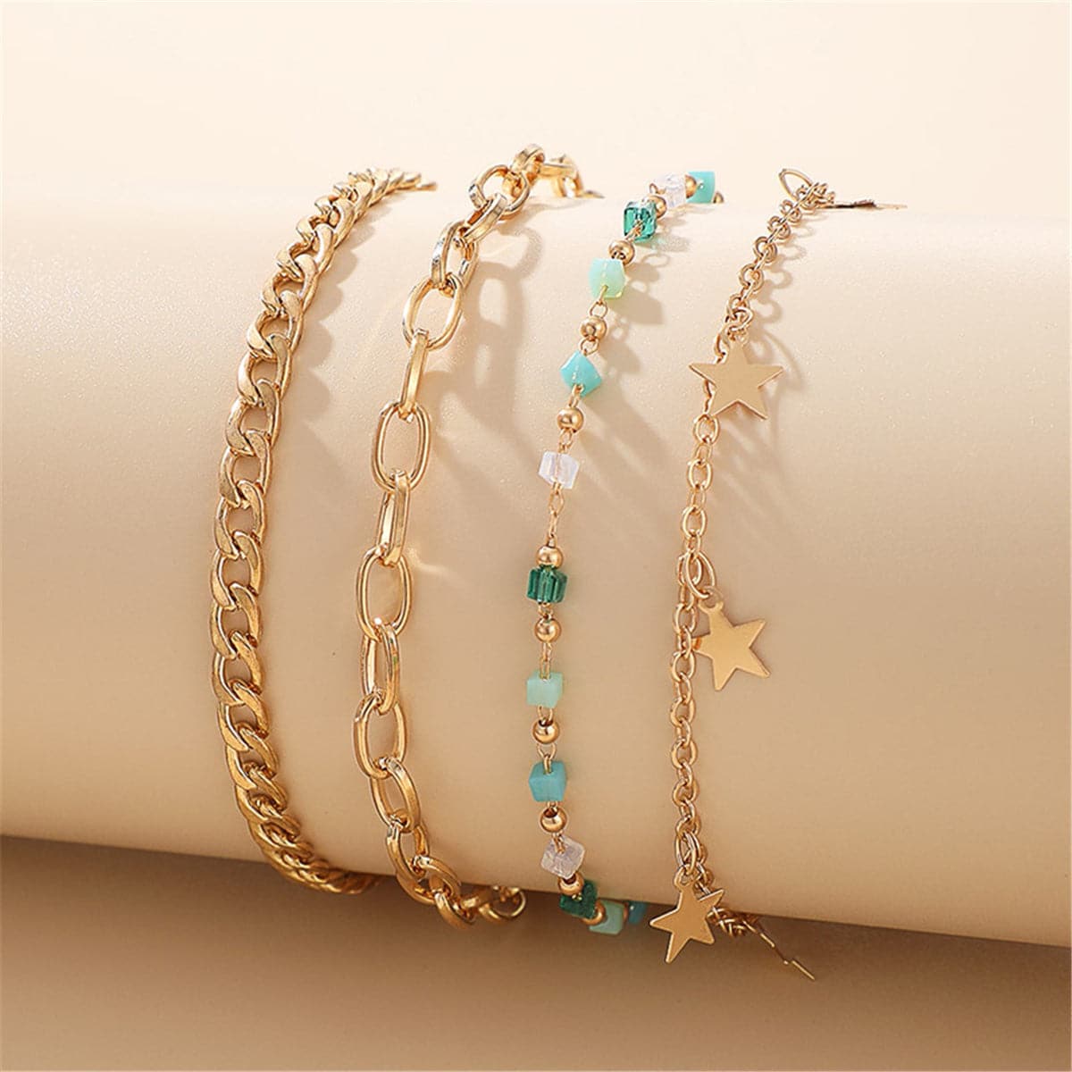 Blue & 18K Gold-Plated Star Station Figaro Anklet Set