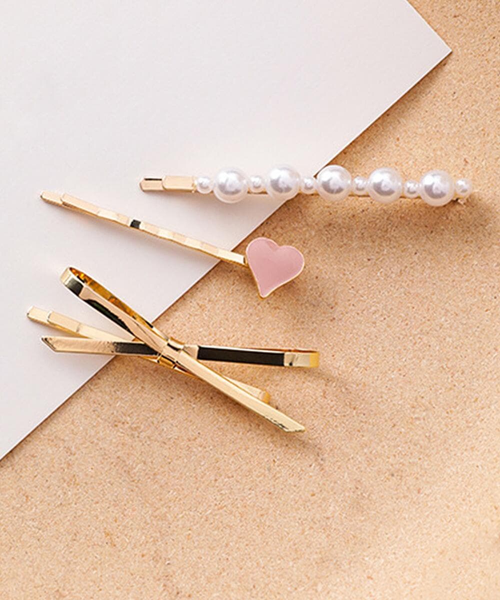 Pearl & Enamel 18K Gold-Plated Heart Bow Hair Clip Set