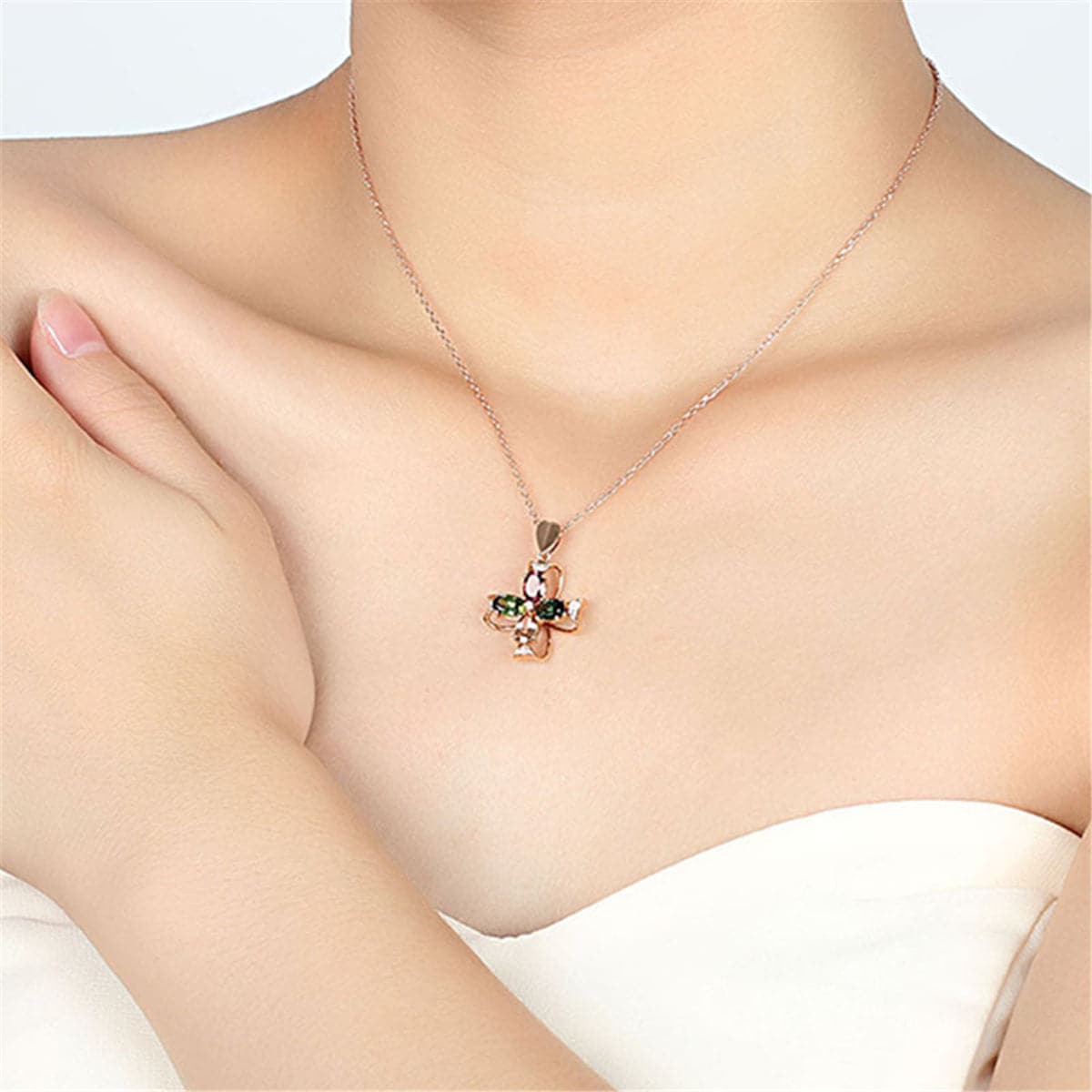 Red & Blue Cubic Zirconia Floral Pendant Necklace