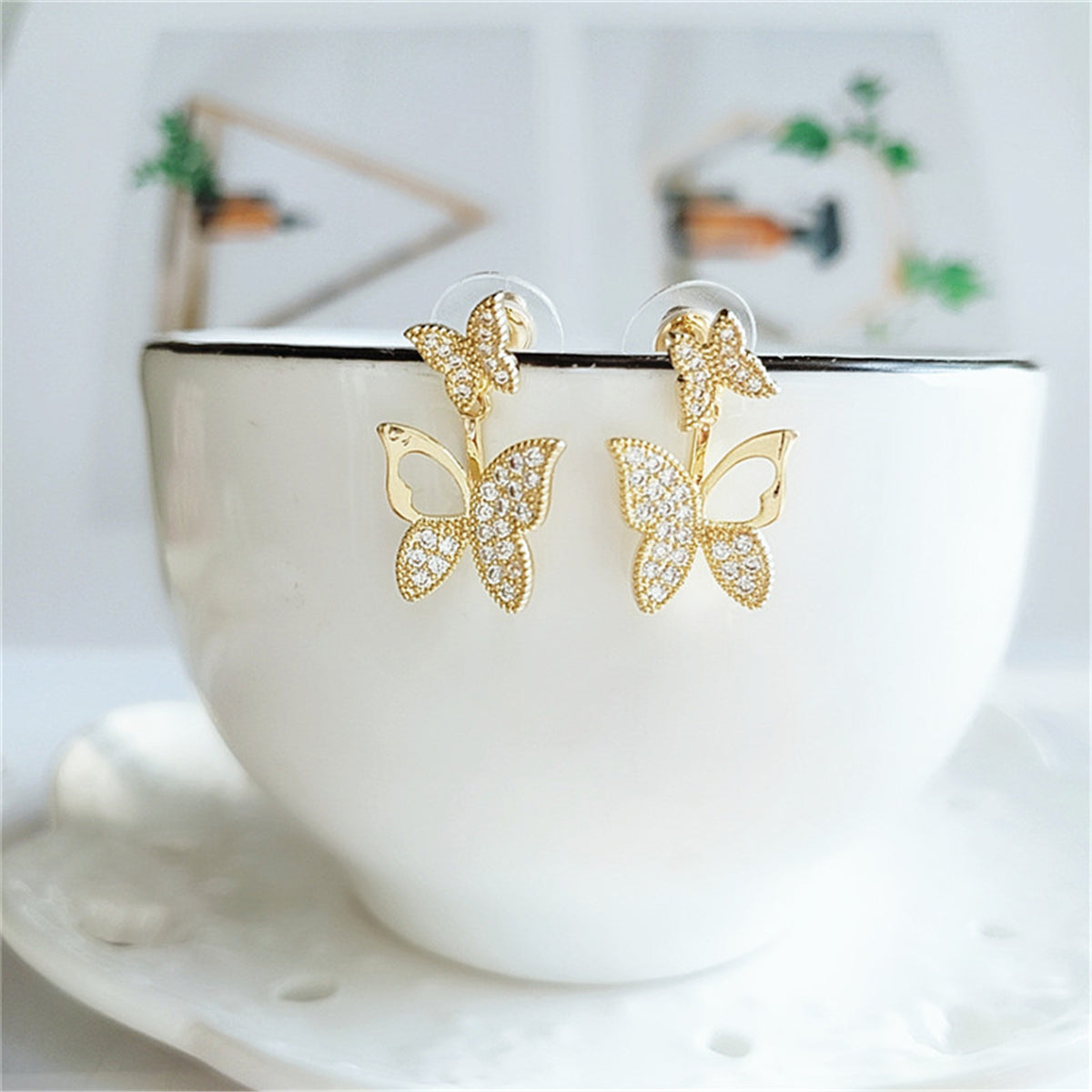 Cubic Zirconia & 18K Gold-Plated Cutout Butterfly Ear Jackets