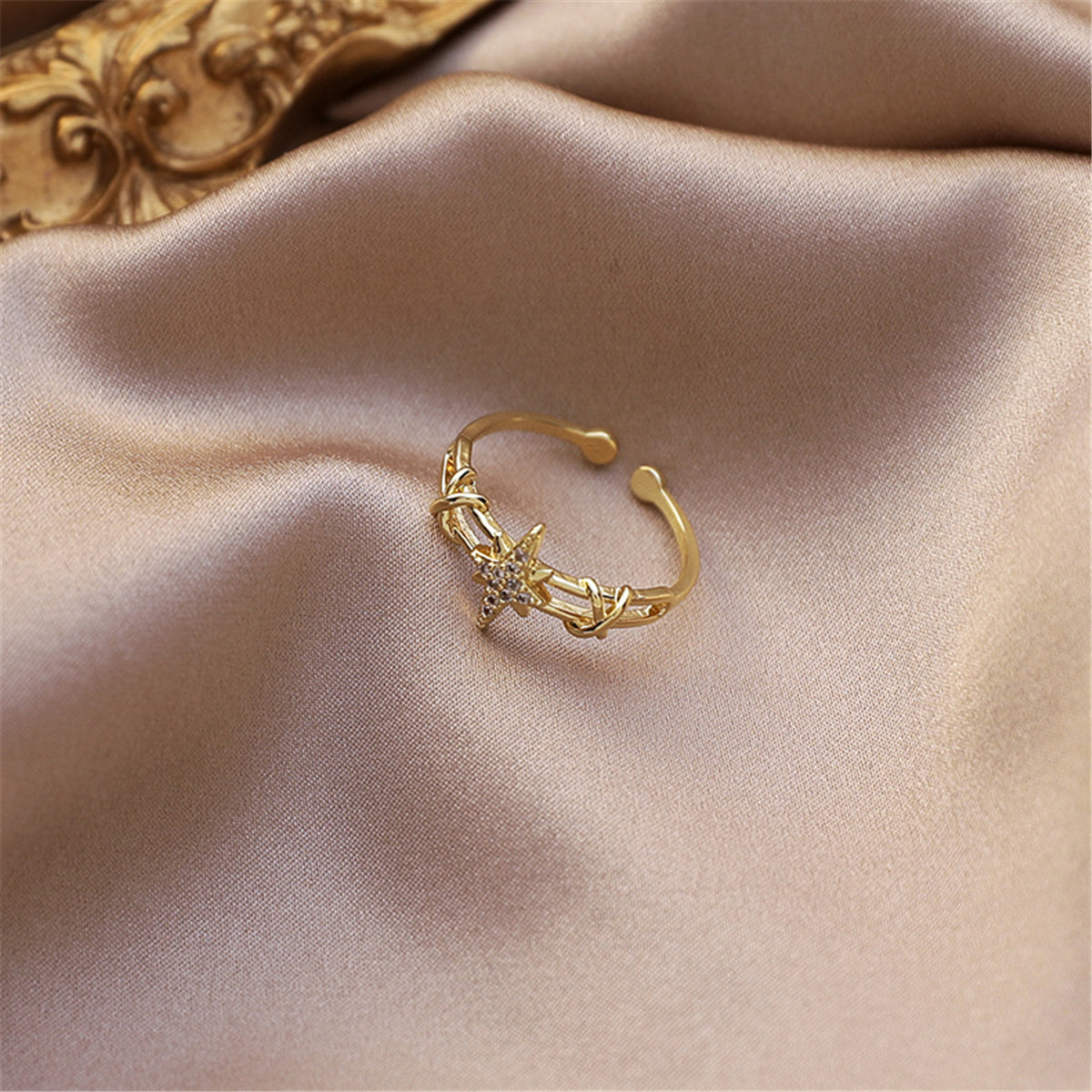 Cubic Zirconia and 18K Gold-Plated Star Open-Band Ring, gold statement rings for women, elegant gift for her, side view