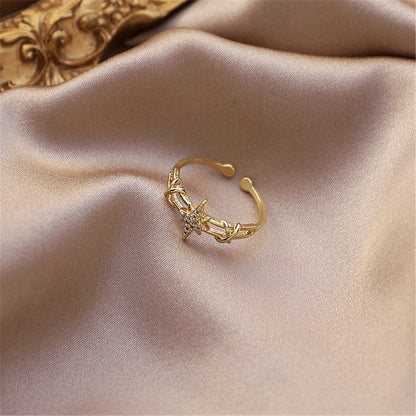 Cubic Zirconia and 18K Gold-Plated Star Open-Band Ring, gold statement rings for women, elegant gift for her, side view