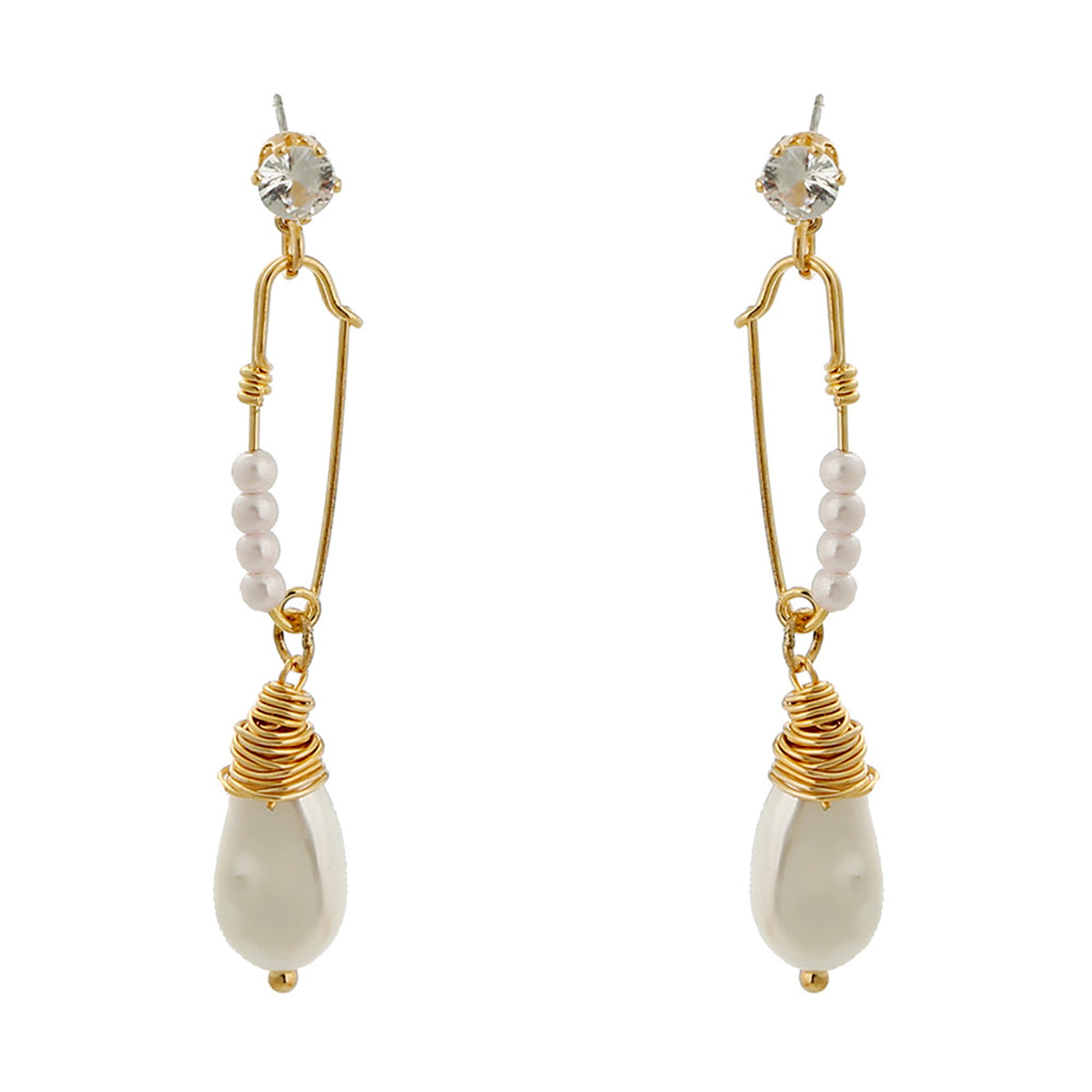 Cubic Zirconia & Pearl 18K Gold-Plated Safety Pin Drop Earrings