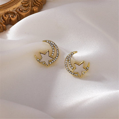 Cubic Zirconia and Acrylic Star Moon Stud Earrings, stud earrings for women, elegant gift for her, detail close-up