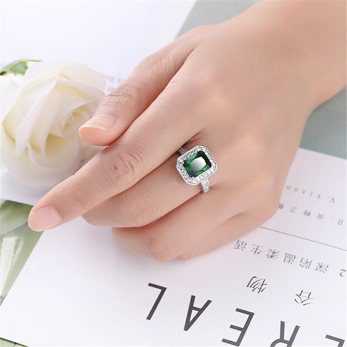 Green Cubic Zirconia & Crystal Princess-Cut Halo Ring