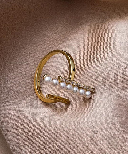 Pearl and Cubic Zirconia 18K Gold-Plated Bar Open Ring, gold statement rings for women, dainty minimalist design, styled look
