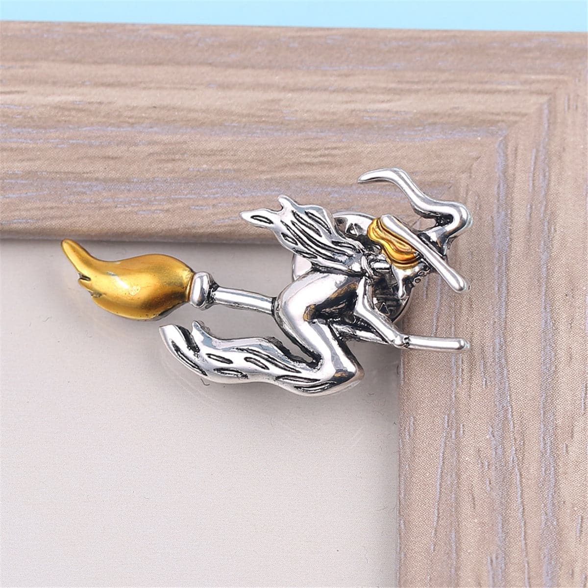 Yellow & Silver-Plated Flying Witch Brooch