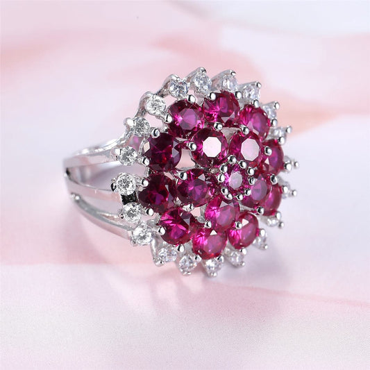 Red Corundum and Cubic Zirconia Flower Ring, statement rings for women, botanical inspired, front view