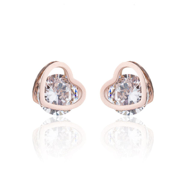 Cubic Zirconia & 18k Rose Gold-Plated Heart Stud Earrings