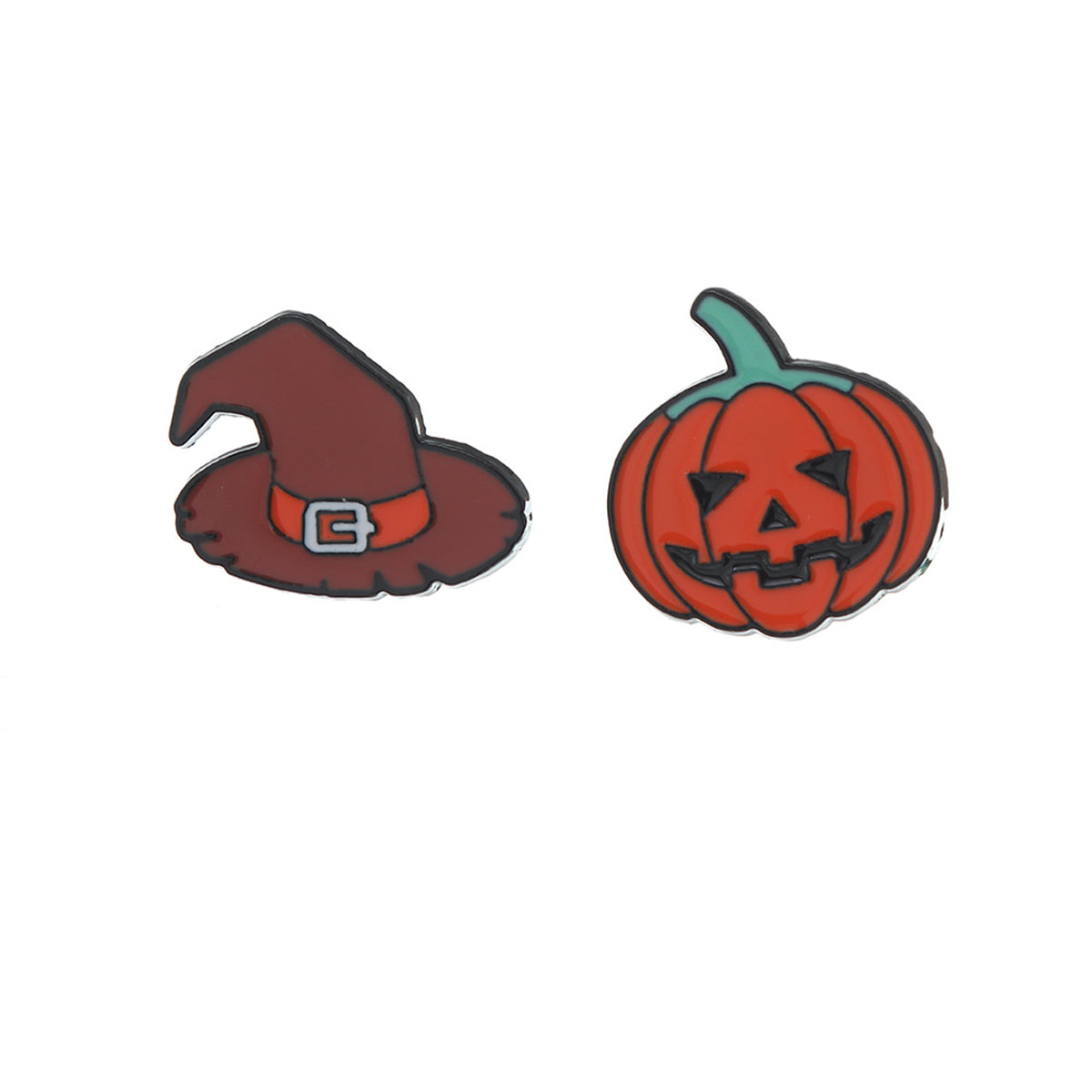 Enamel & Rhodium Plated Pumpkin Witch Hat Badge Set