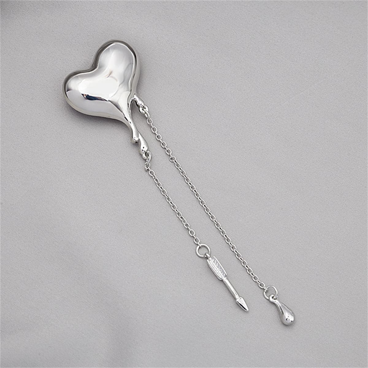 Silver-Plated Heart and Arrow Tassel Brooch, silver brooch pin, elegant gift for her, front view