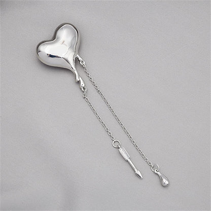 Silver-Plated Heart and Arrow Tassel Brooch, silver brooch pin, elegant gift for her, front view