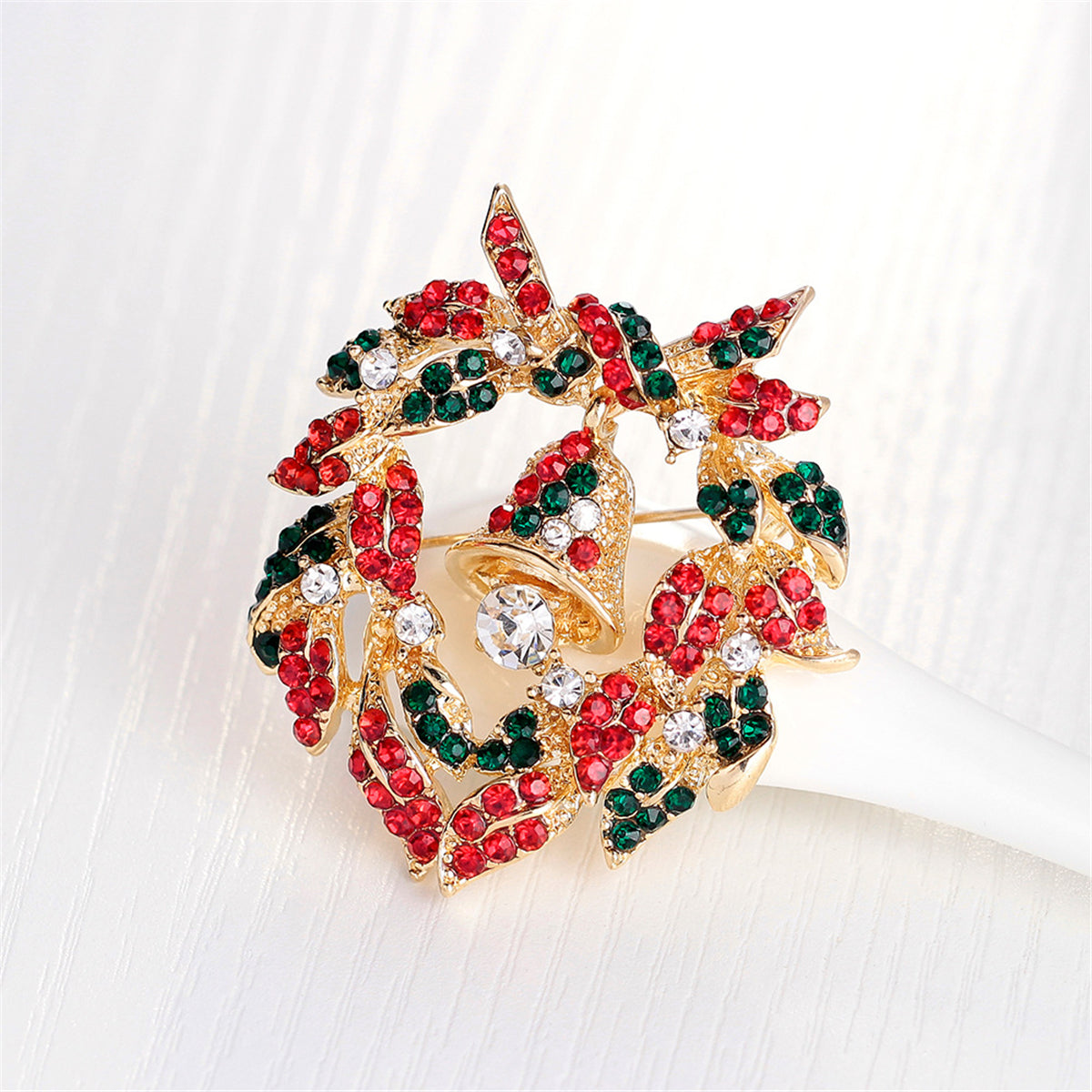 Cubic Zirconia and 18K Gold-Plated Bell Botany Wreath Brooch, gold brooch pin, vintage-inspired design, side view