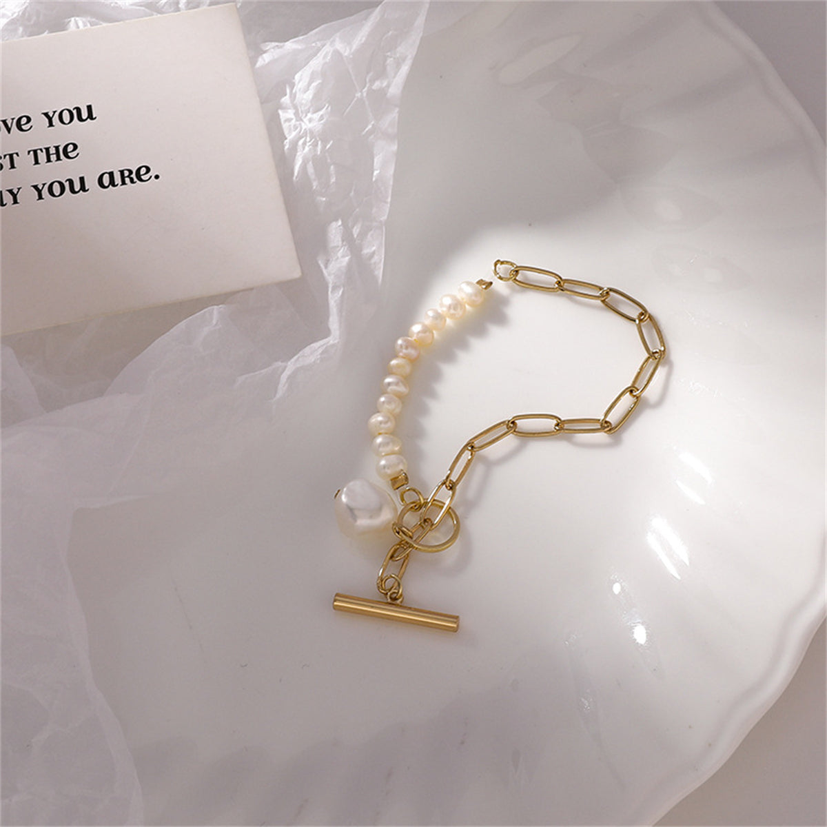 Pearl & 18K Gold-Plated Asymmetrical Chain Toggle Bracelet