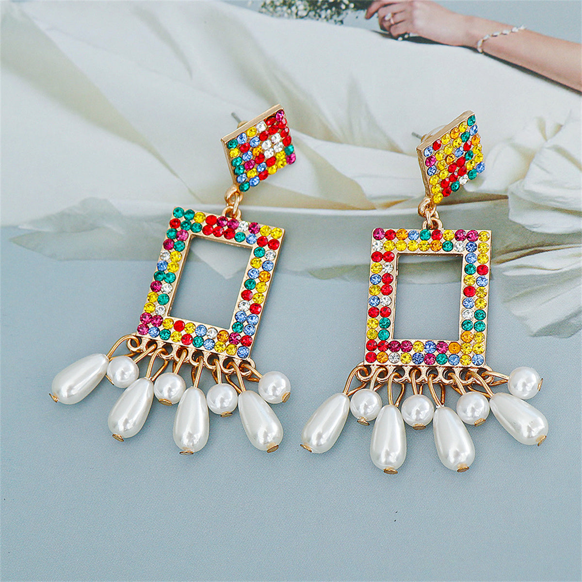 Red and Yellow Cubic Zirconia Tassel Drop Earrings, drop earrings for women, dainty minimalist design, detail close-up