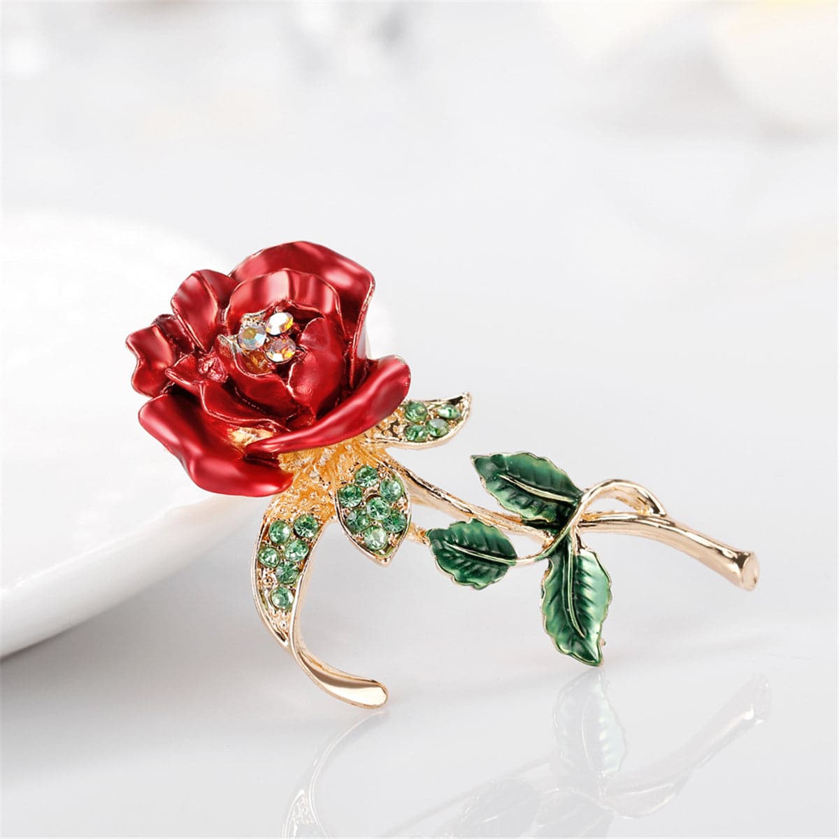 Red Cubic Zirconia & 18K Gold-Plated Rose Brooch