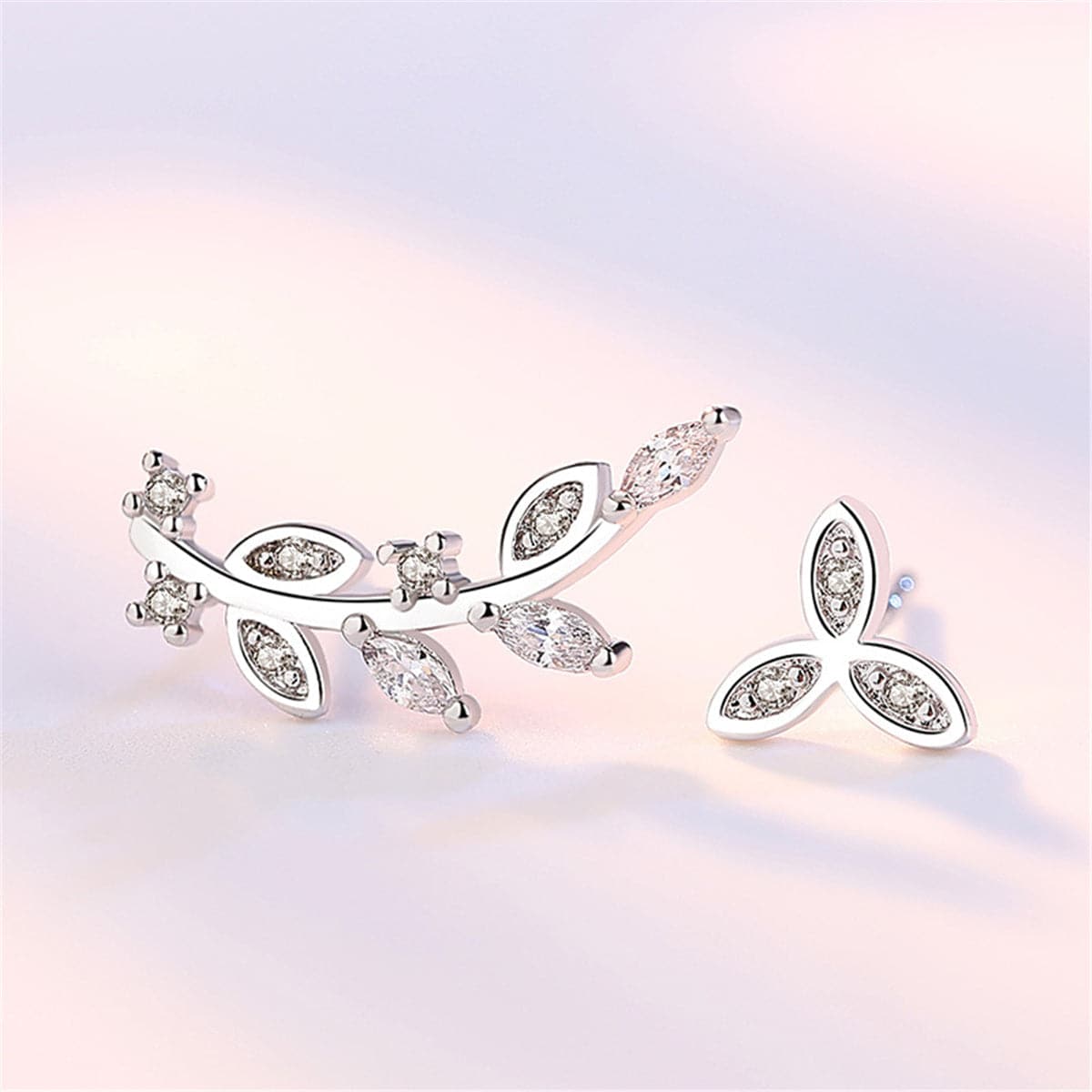 Cubic Zirconia Leaves Ear Climber & Silver-Plated Stud Earring