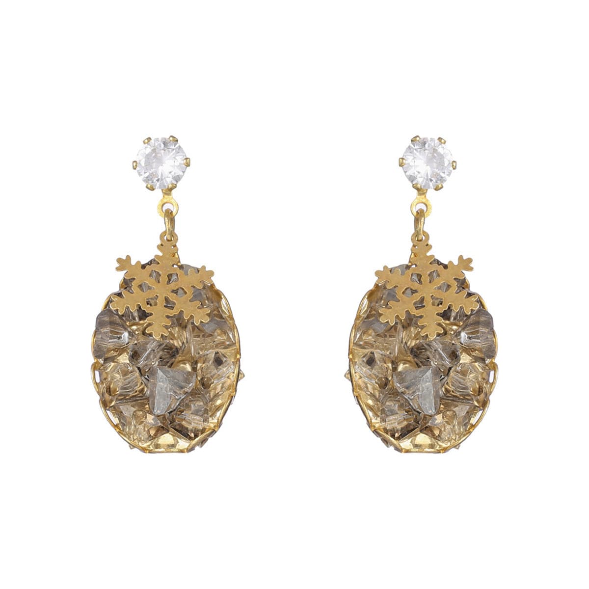 Cubic Zirconia & Crystal Snowflake Cluster Oval Drop Earrings